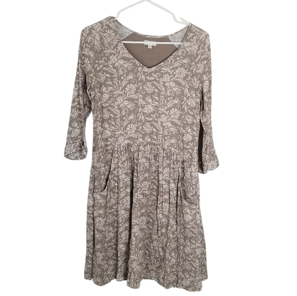 Garnet Hill 3/4 Sleeves A -Line Tan Ivory Floral Pleated Dress Size 4 Pockets - Picture 1 of 12